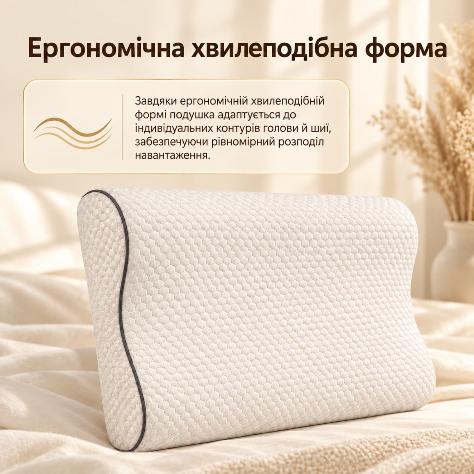 <span data-mce-style="color: rgb(0, 0, 0);" style="color: rgb(0, 0, 0);">Завдяки ергономічній хвилеподібній формі подушка адаптується до індивідуальних контурів голови й шиї, забезпечуючи рівномірний розподіл навантаження.</span>
