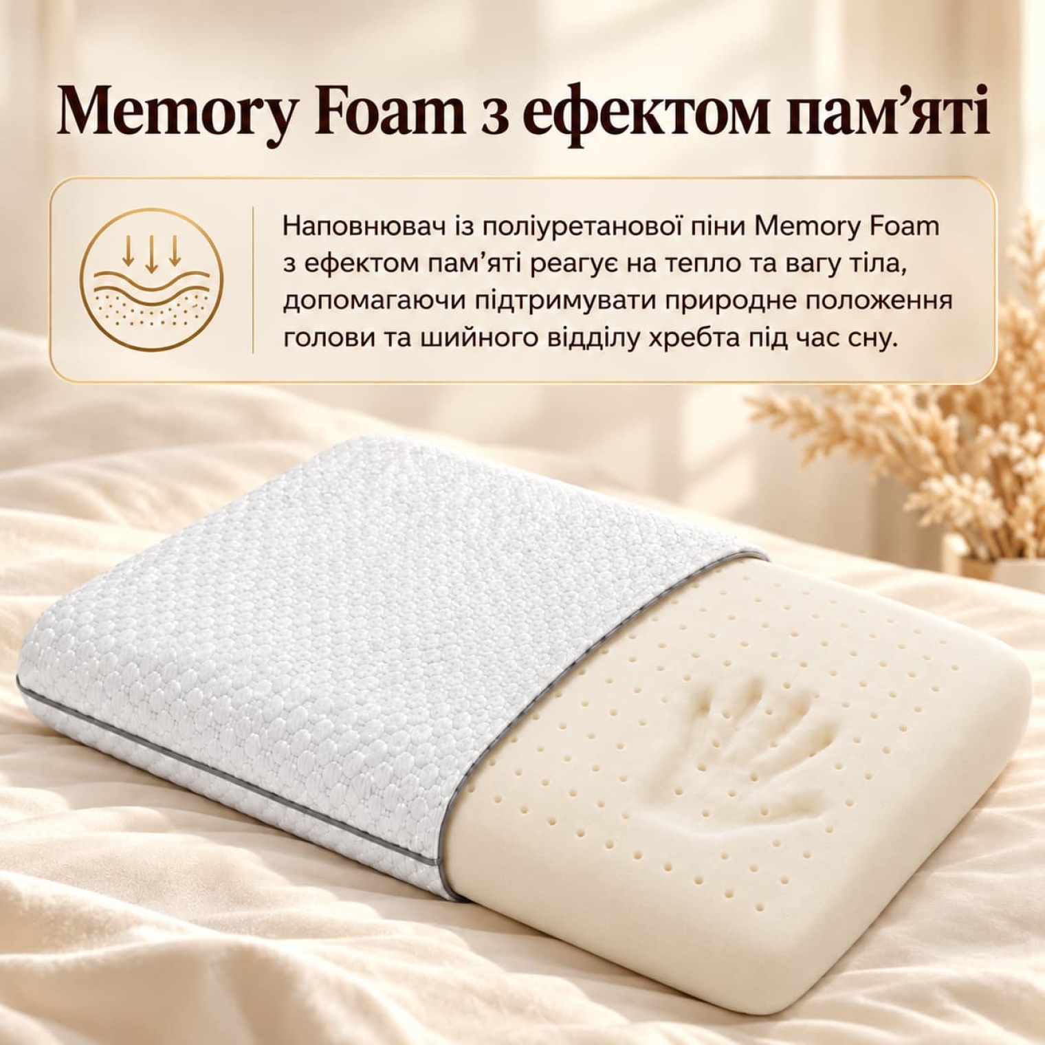 <span data-mce-style="color: rgb(0, 0, 0);" style="color: rgb(0, 0, 0);">Матеріал із ефектом пам’яті адаптується під вагу та тепло тіла, повторюючи контури голови й шиї. Це допомагає рівномірніше розподілити тиск та створити комфортні умови для сну.</span>
