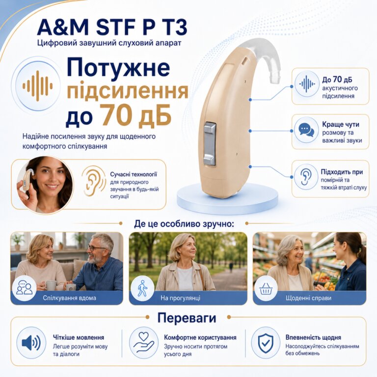 Слуховий апарат завушного типу A&M STF P T3: 4-канальний при середній та середньо-важкій втраті слуху