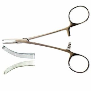 Затискач Кохер, 1/2 зубий, зубчастий, вигнутий 150 мм, № 1