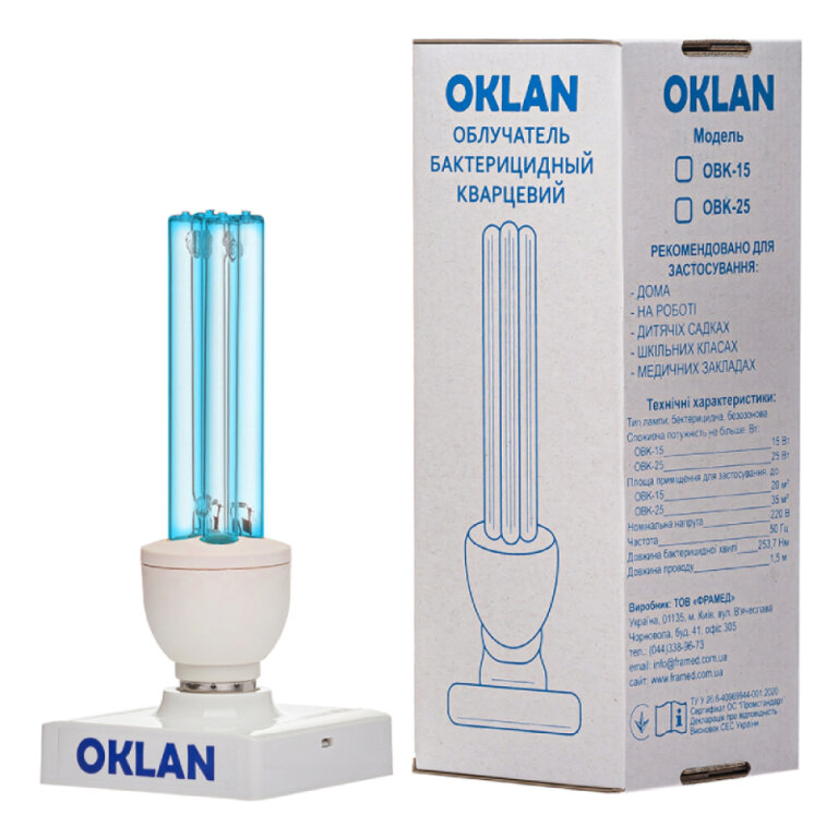 Кварцева-бактерицидна безозонова лампа Oklan OBK-25