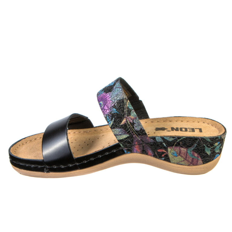 Анатомічні босоніжки-сабо Leon 918 чорний-квіти