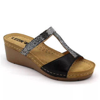 Анатомічні босоніжки Leon 1060 чорні з камінням