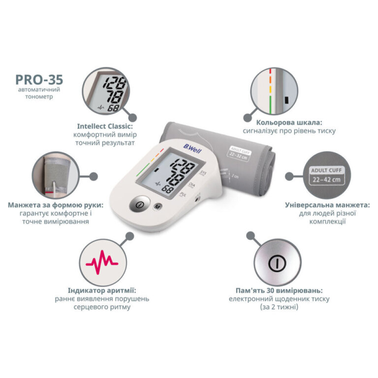 Тонометр автоматический B.Well PRO-35 с адаптером, с увеличенной манжетой 22-42 см.