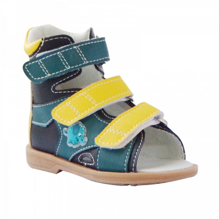 Детские Анатомические сандалии с высоким берцем ORTMANN Vega арт. 7.49.2-black/yellow/green