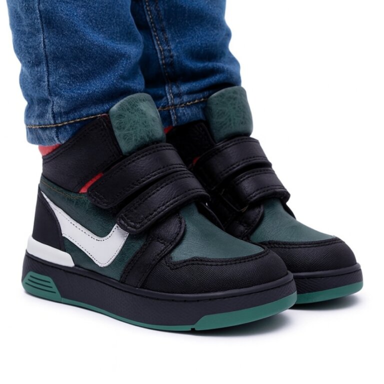 Детские Анатомические ботинки демисезонные Ortomedica 110-03 профилактические, черно-зеленые