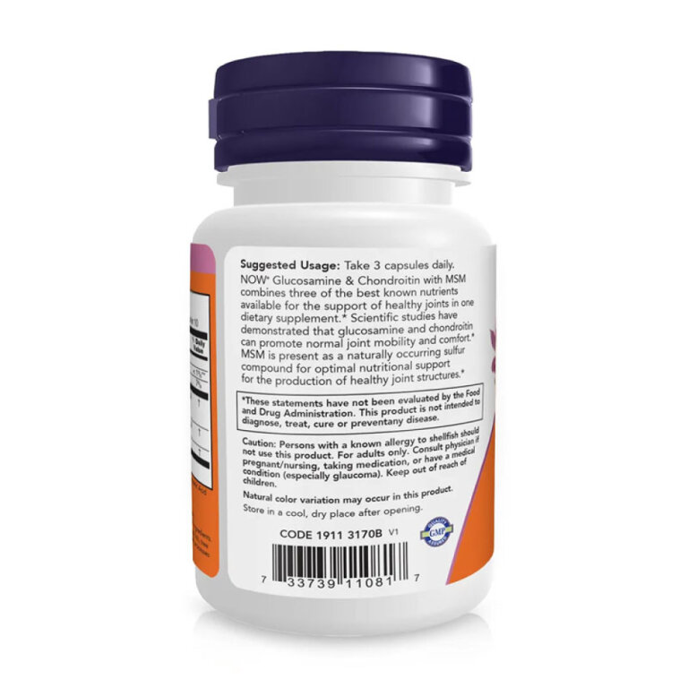 Вітаміни NOW ГЛЮКОЗАМІН, ХОНДРОЇТИН з МСМ здоров'я суглобів у капсулах №30