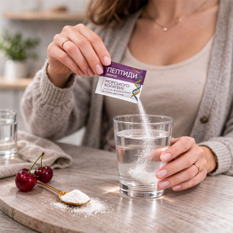 Дієтична добавка пептиди морського колагену POWERFOOD зі смаком вишні з підсолоджувачем, порошок в пакетах 12000 мг, №15