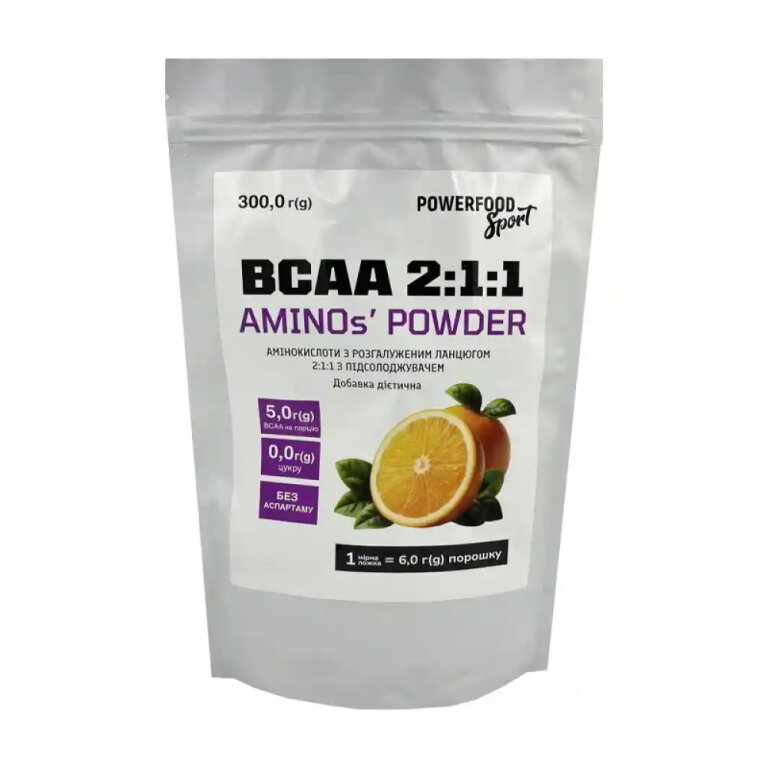Диетическая добавка аминокислоты с разветвленной цепью POWERFOOD SPORT с подсластителем/BCAA 2:1:1 AMINO's POWDER, 300 Г(g)