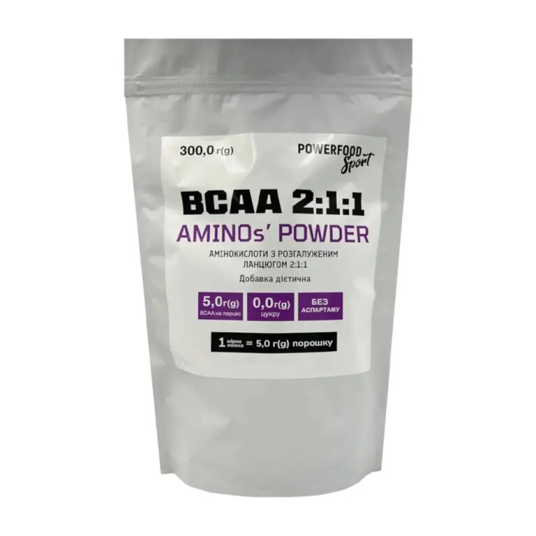 Дієтична добавка амінокислоти з розгалудженим ланцюгом POWERFOOD SPORT/BCAA 2:1:1 AMINO's POWDER, 300 Г(g)