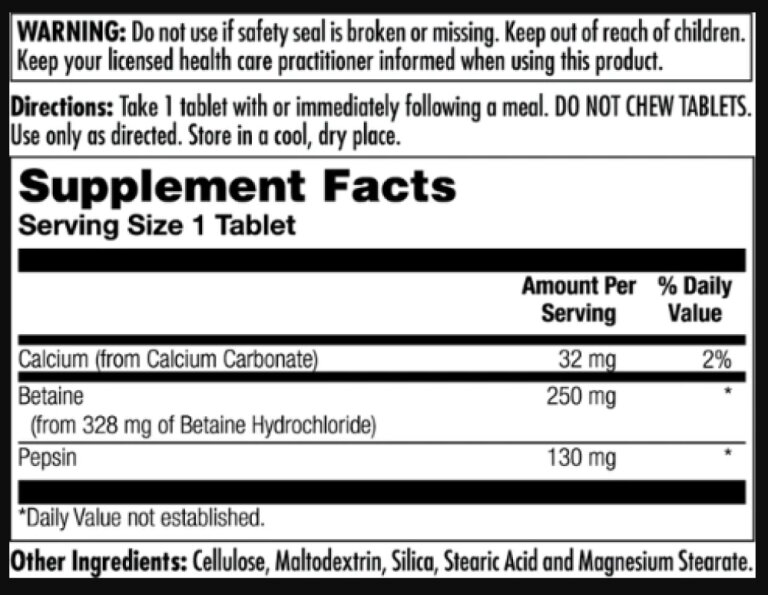 Betaine HCl Plus 250mg - 100 tabs